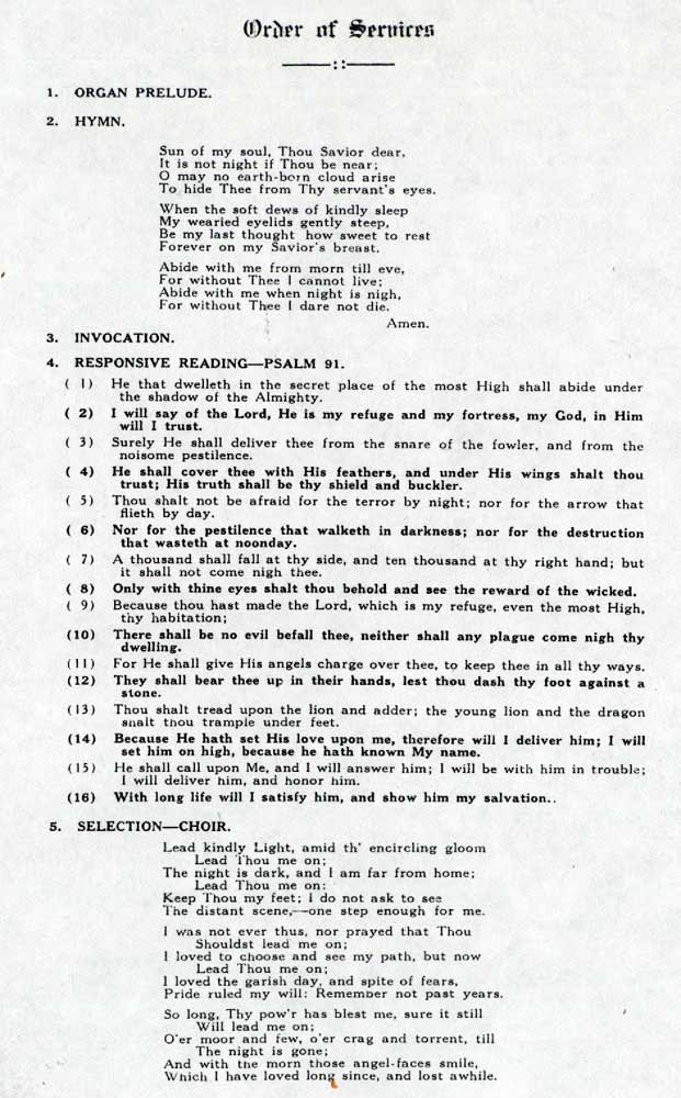Memorial service program Order of Services page 1 for Raymond C. Thoirs, December 8, 1918