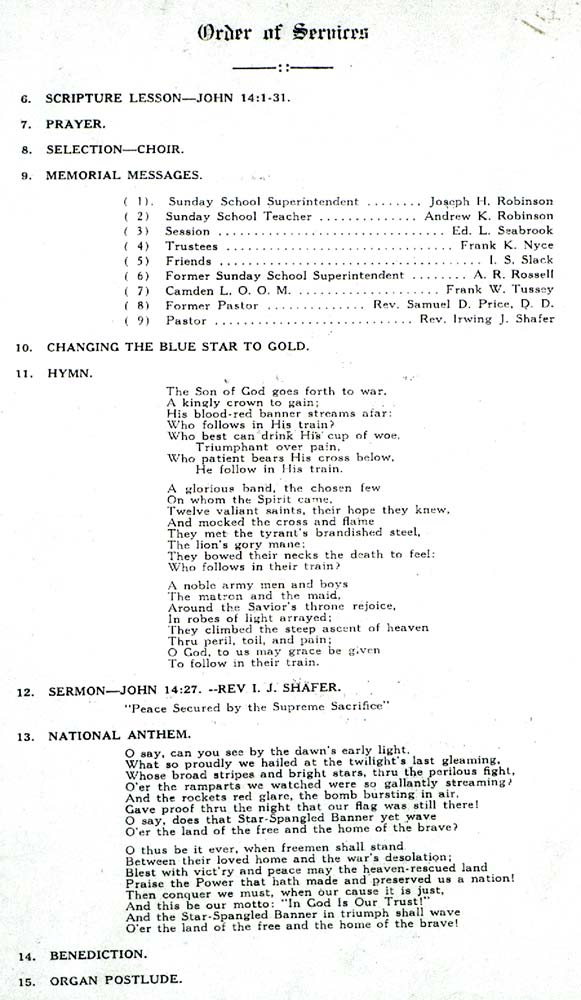 Memorial service program Order of Services page 2 for Raymond C. Thoirs, December 8, 1918