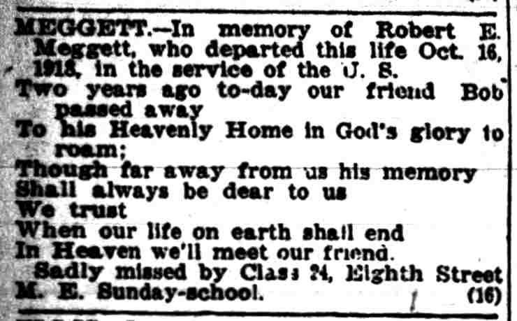 Robert E. Meggett memorial notice, Camden Post-Telegram, October 16, 1920