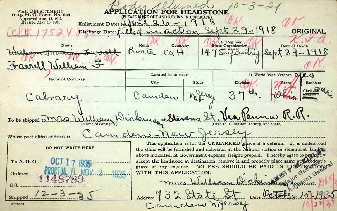 William F. Farrell Application for Headstone