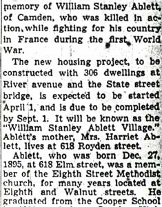 Camden Courier-Post February 22, 1942 - Housing Project Will Honor Hero, column 2