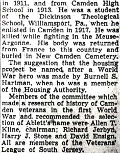 Camden Courier-Post February 22, 1942 - Housing Project Will Honor Hero, column 3