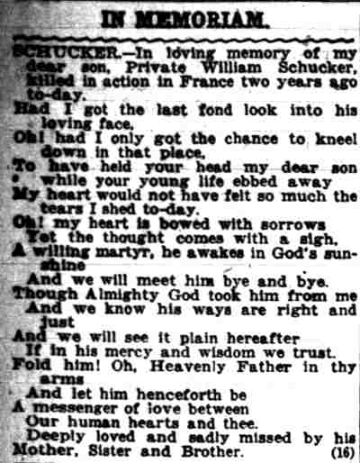 Camden Post-Telegram October 16, 1920 - In Memoriam for William Schucker