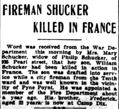 Fireman Shucker Killed in France, Camden Post-Telegram, November 21, 1918
