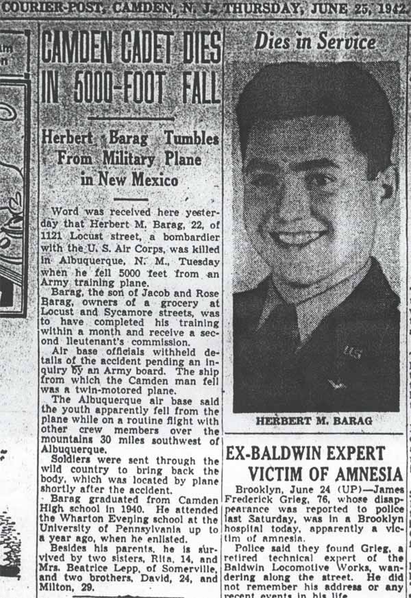 Camden Cadet Dies in 5000-Foot Fall, Camden Courier-Post, June 25, 1942