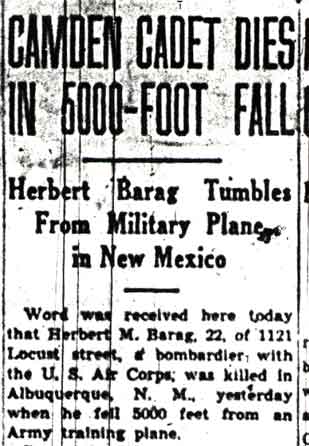 Camden Cadet Dies in 5000-Foot Fall, Camden Courier-Post, June 24, 1942