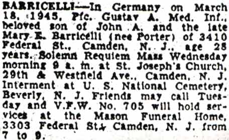 Death notice for Gustav A. Barricelli, Camden Courier-Post, December 6, 1947