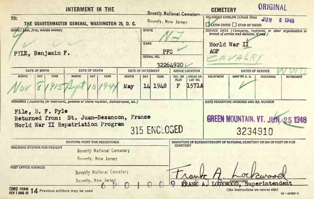 Beverly National Cemetery interment card for Benjamin F. Pyle