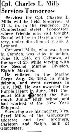 Cpl. Charles L. Mills Services Tomorrow — Camden Courier-Post, March 4, 1949