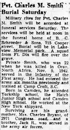Pvt. Charles M. Smith Burial Saturday — Camden Courier-Post, May 27, 1948