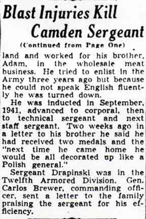 Camden Courier-Post, July 20, 1943: Blast Injuries Kill Camden Sergeant (continued from page one)