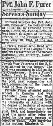 Obituary: Pvt. John F. Furer Services Sunday, Camden Courier-Post, July 9, 1948
