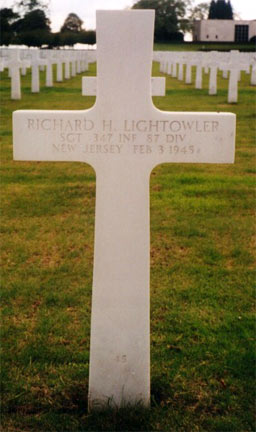 Grave marker detail of Sergeant Richard H. Lightowler at Henri-Chapelle American Cemetery