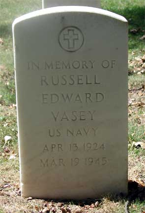 Memorial marker for Torpedoman's Mate Third Class Russell E. Vasey at Beverly National Cemetery