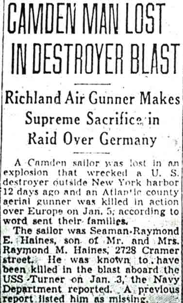 Newspaper clipping reporting Raymond E. Haines lost in destroyer blast, Camden Courier-Post January 15, 1944