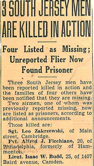 Camden Courier-Post, March 10, 1944 — 3 South Jersey Men Are Killed In Action, part 1