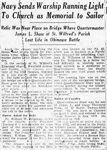 Memorial to Chief Quartermaster James Lewis Shaw, United States Navy, September 1945