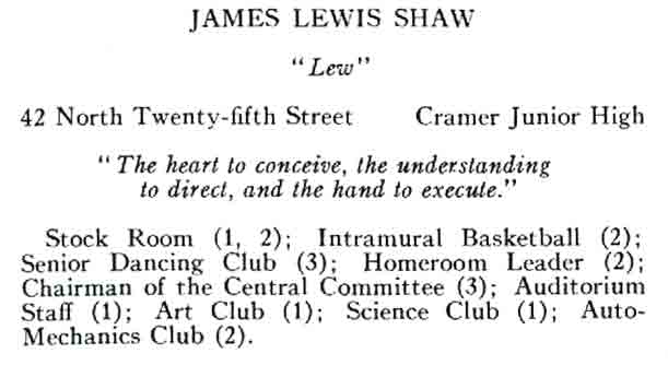 James Lewis Shaw in the Woodrow Wilson High School yearbook