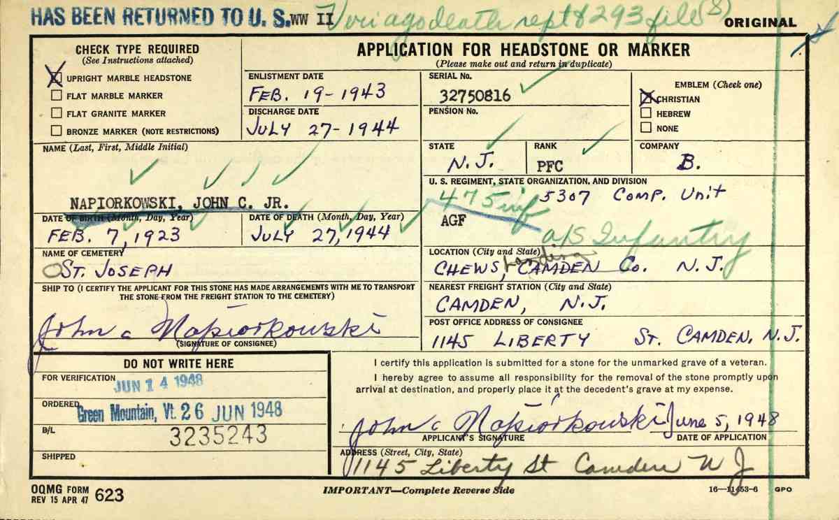 Application for Headstone or Marker for John C. Napiorkowski Jr.
