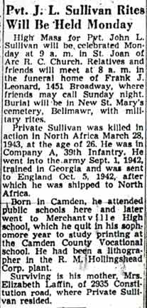 Pvt. J. L. Sullivan Rites Will Be Held Monday — Camden Courier-Post, 1943