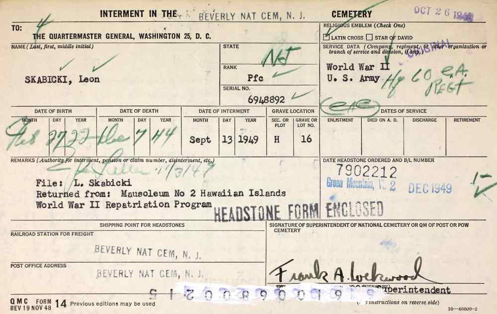 U.S. National Cemetery Interment Control Form for Private First Class Leon Skabicki
