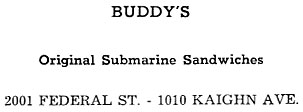 Advertisement for Buddy's Sandwich Shop, 2001 Federal Street, Camden NJ, from St. Joseph's Church 1893-1943 Golden Jubilee Yearbook
