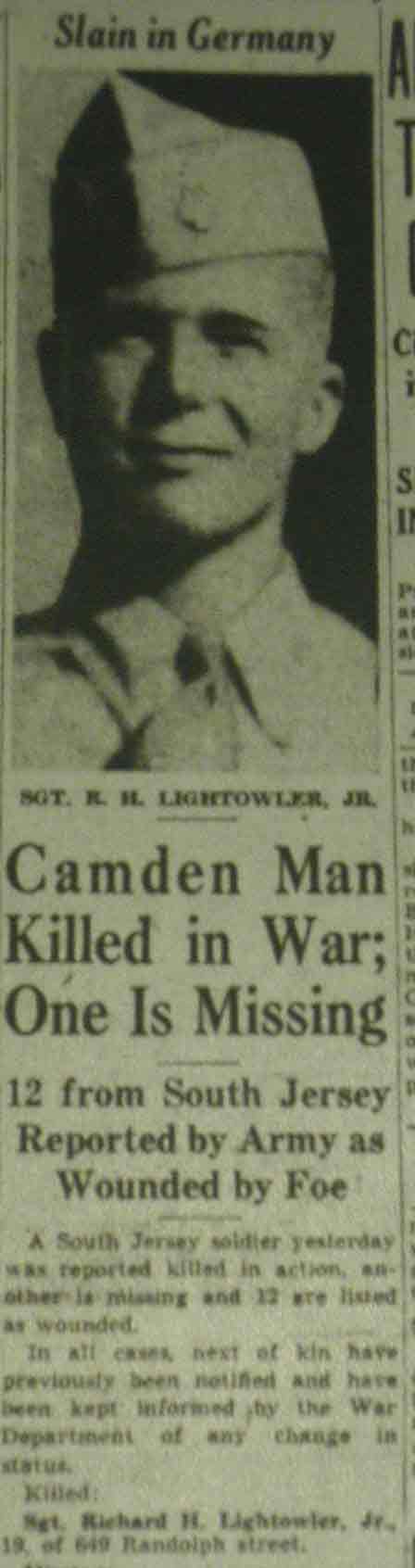 Newspaper clipping reporting Sergeant Richard H. Lightowler killed in Germany, Camden Courier-Post