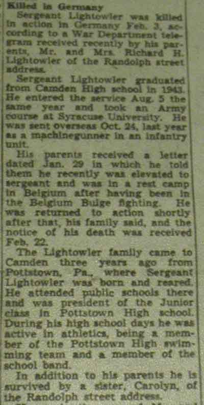 Newspaper article about Sergeant Richard H. Lightowler, Camden Courier-Post