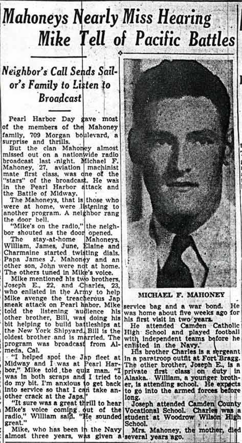Mahoneys Nearly Miss Hearing Mike Tell of Pacific Battles — Camden Courier-Post, December 8, 1942