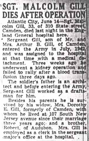 Sgt. Malcolm Gill Dies After Operation — Camden Courier-Post, June 14, 1944