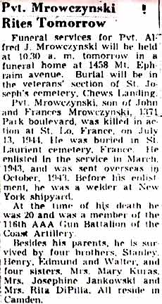 Obituary: Pvt. Mrowczynski Rites Tomorrow