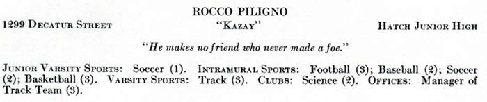 Woodrow Wilson High School yearbook entry for Rocco Piligno, Class of February 1940