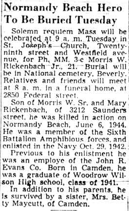 Normandy Beach Hero To Be Buried Tuesday — Camden Courier-Post, December 11, 1947