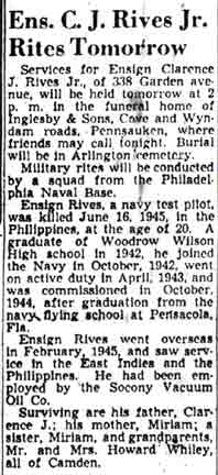 Ens. C. J. Rives Jr. Rites Tomorrow — obituary clipping