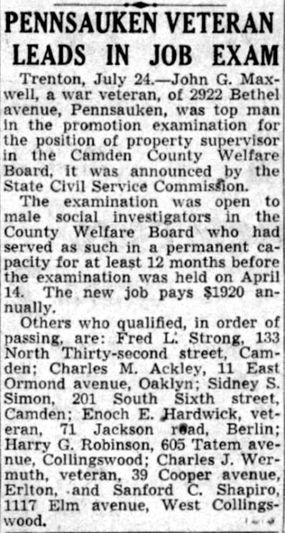 Camden Courier-Post article, July 25, 1941: Pennsauken Veteran Leads in Job Exam