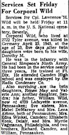 Services Set Friday For Corporal Wild — Camden Courier-Post, December 14, 1948