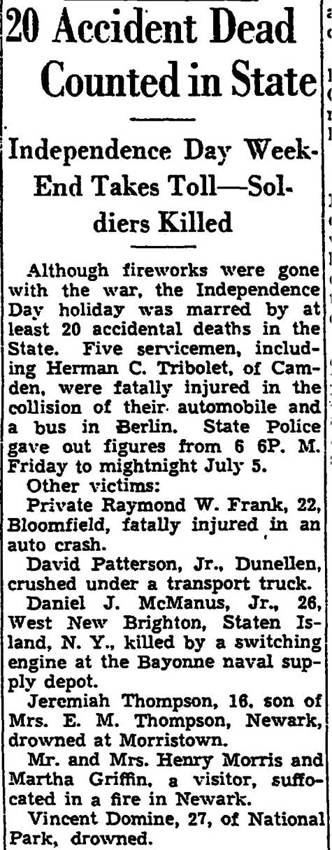 Trenton Evening Times, July 6, 1943 — 20 Accident Dead Counted in State