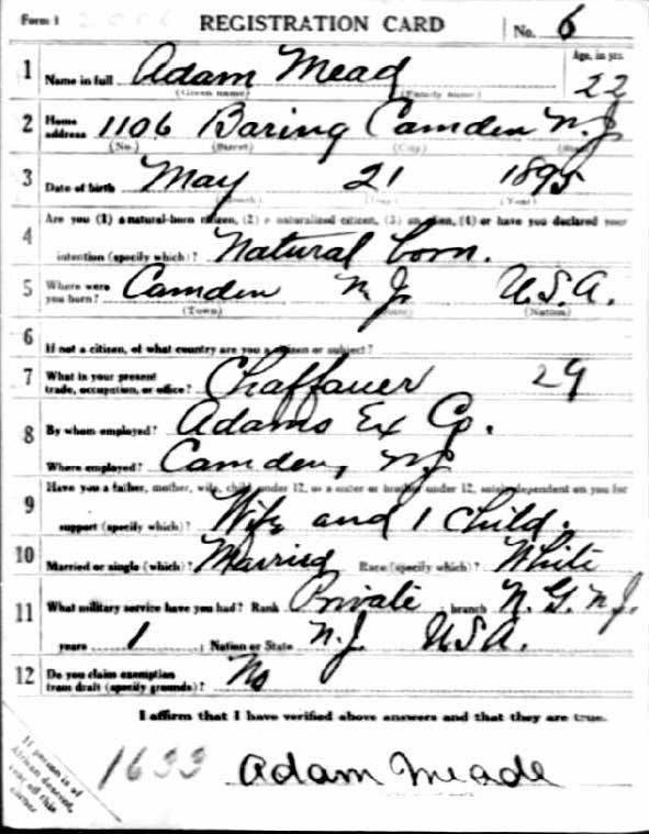 World War I draft registration card for Adam W. Meade