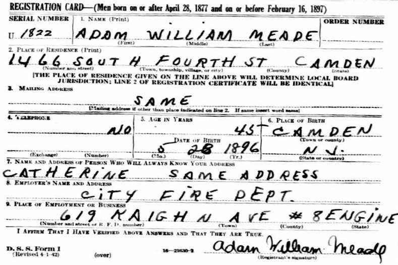 World War II draft registration card for Adam W. Meade