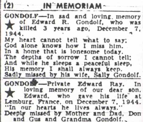 In Memoriam notice for Edward Gondolf, Camden Courier-Post, December 7, 1947