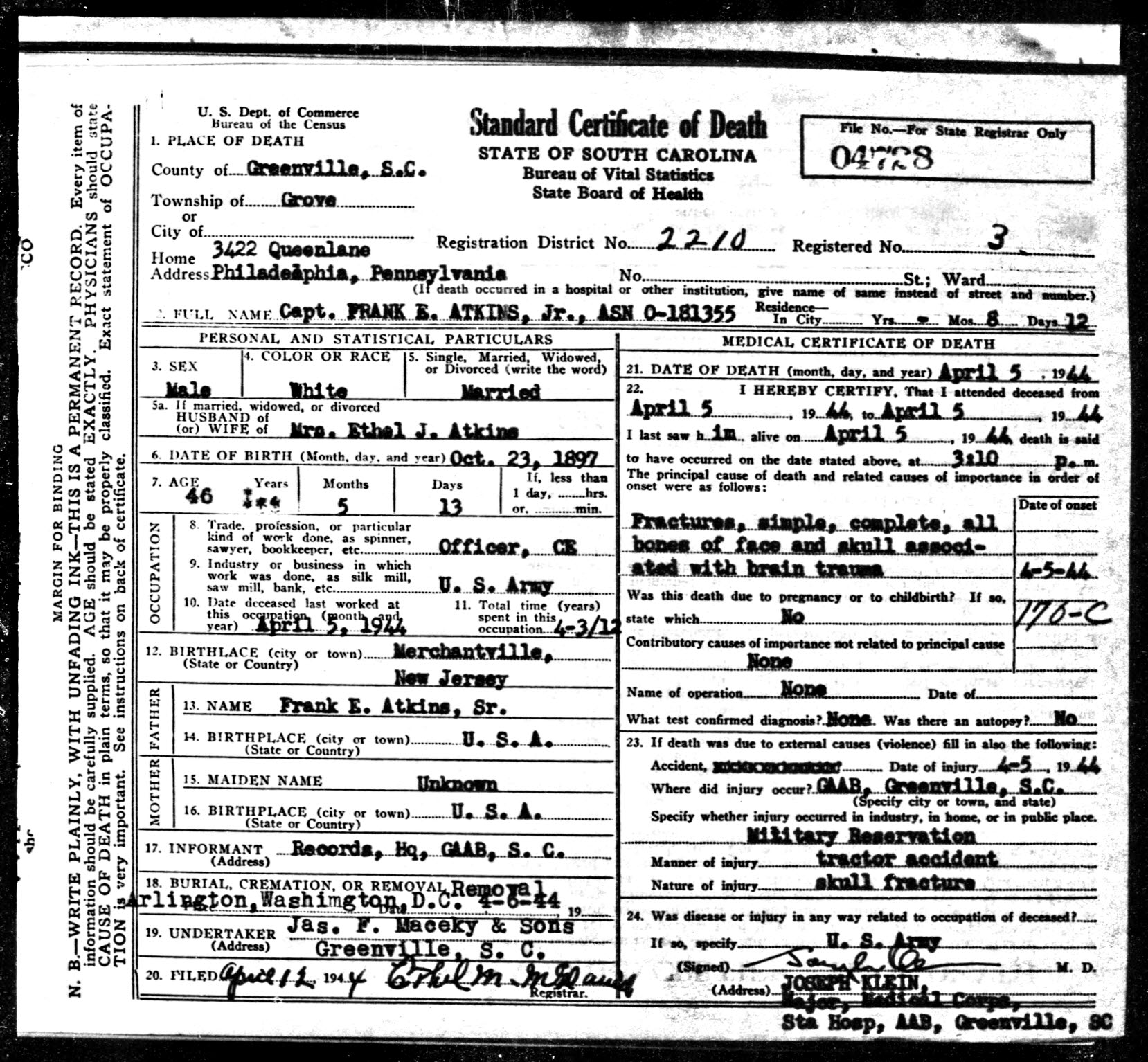 South Carolina Death Certificate for Frank Edward Atkins Jr.