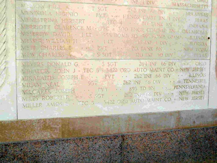 Tablets of the Missing at Normandy American Cemetery, including Robert F. Miles