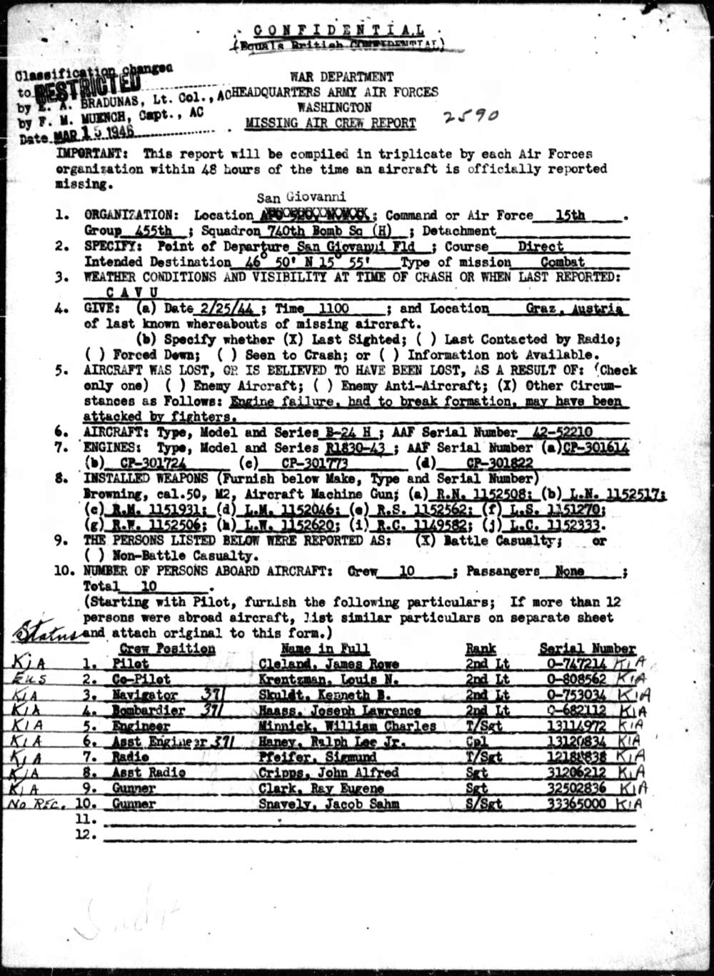 Missing Air Crew Report #2190 for B-24H #42-52210