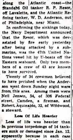 Camden Evening Courier, February 28, 1942 — SS W.D. Anderson, column 2