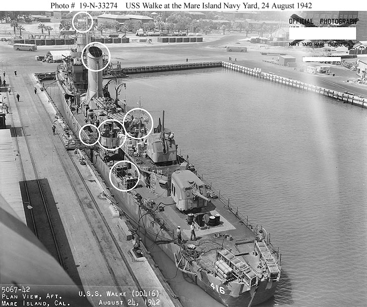 USS Walke at the Mare Island Navy Yard, 24 October 1942, stern view showing depth charge racks and smoke tanks
