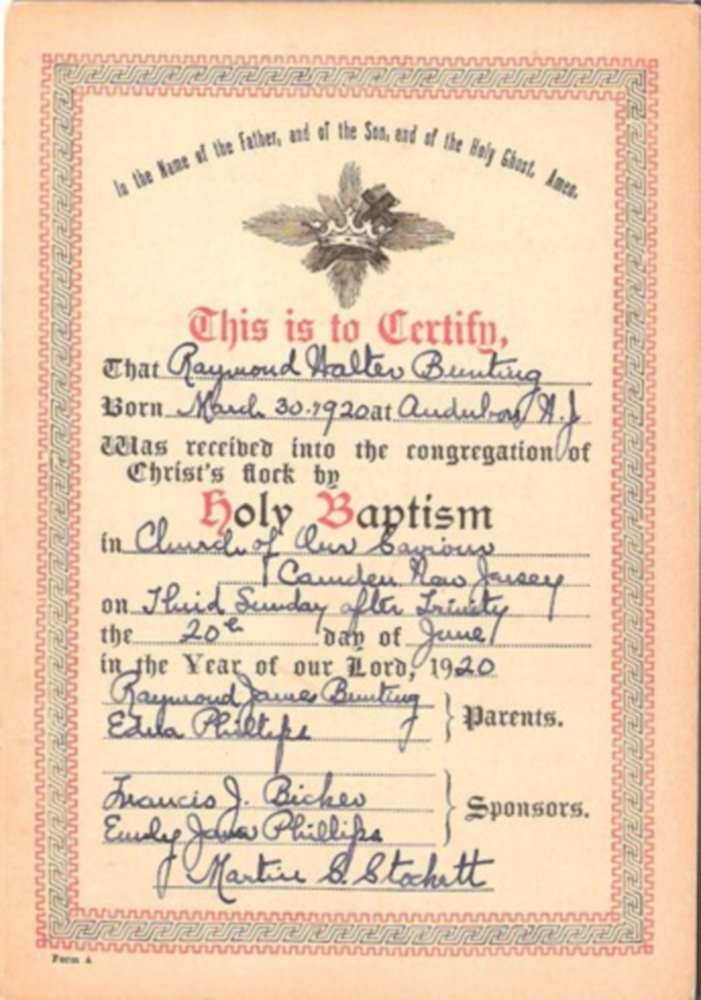 Raymond Walter Bunting baptismal record, Church of Our Saviour, June 3, 1920
