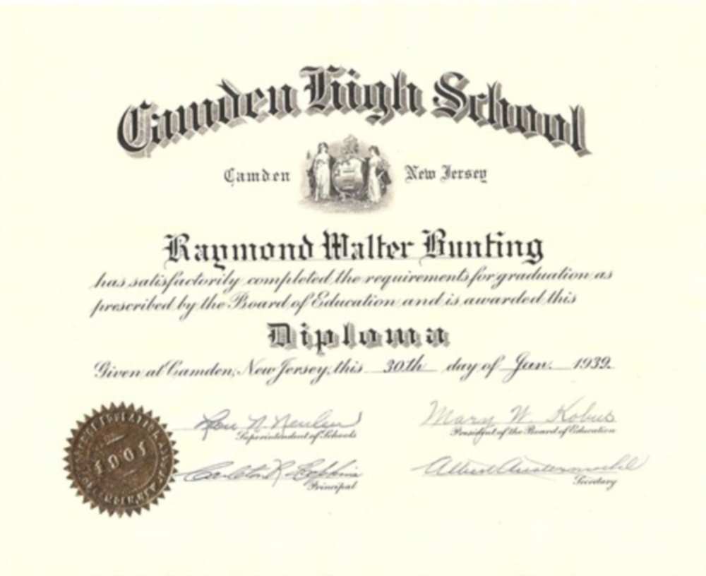 Camden High School graduation, June 30, 1939 — Leon N. Neulen, Mary W. Kobus, Carleton R. Hopkins, Albert Austermuhl, Raymond Walter Bunting