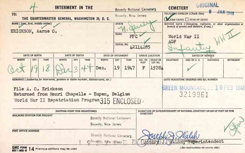 U.S. National Cemetery Interment Control Form for Aarne O. Erickson