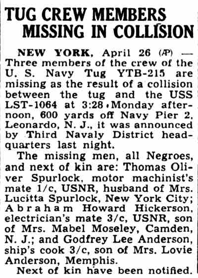 Central New Jersey Home News, April 26, 1945 — Tug Crew Members Missing in Collision