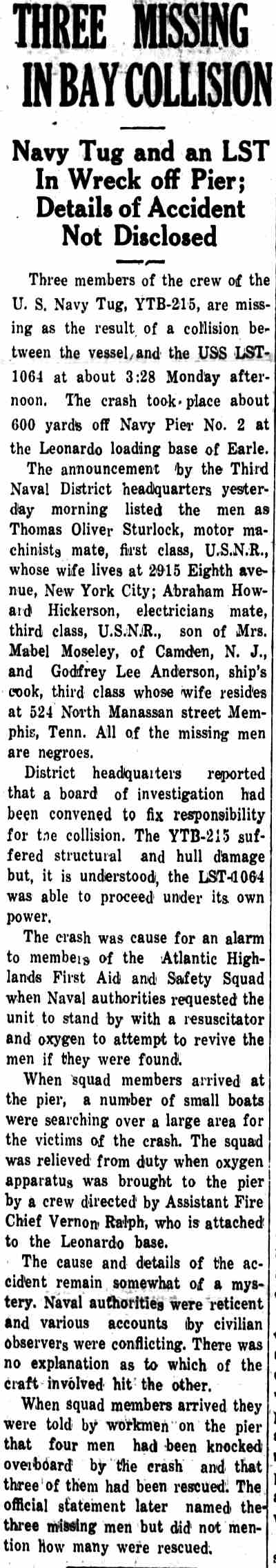 The Atlantic Highlands Journal, April 26, 1945 — Three Missing in Bay Collision